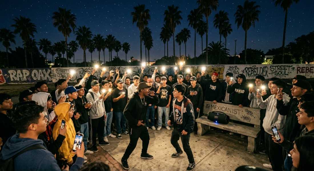 Two MCs face off in a nighttime freestyle rap battle in a park in Ensenada, Baja California, surrounded by a circle of youth.