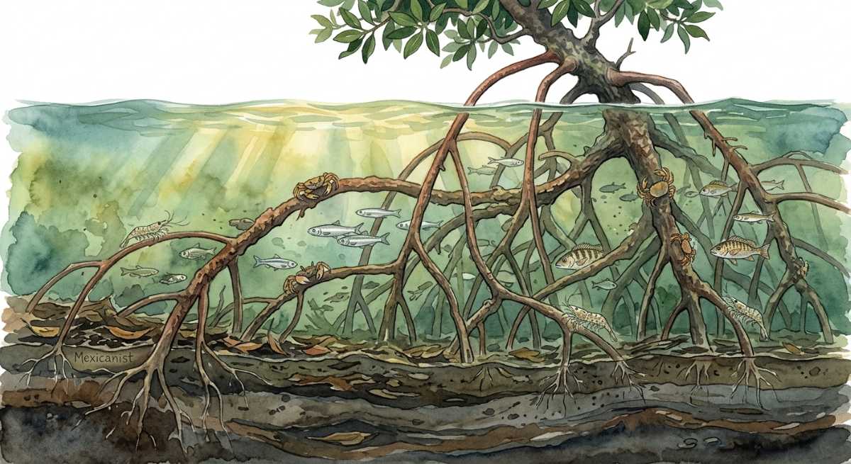 Underwater cross-section illustration of a red mangrove root system in a coastal lagoon, showing prop roots.