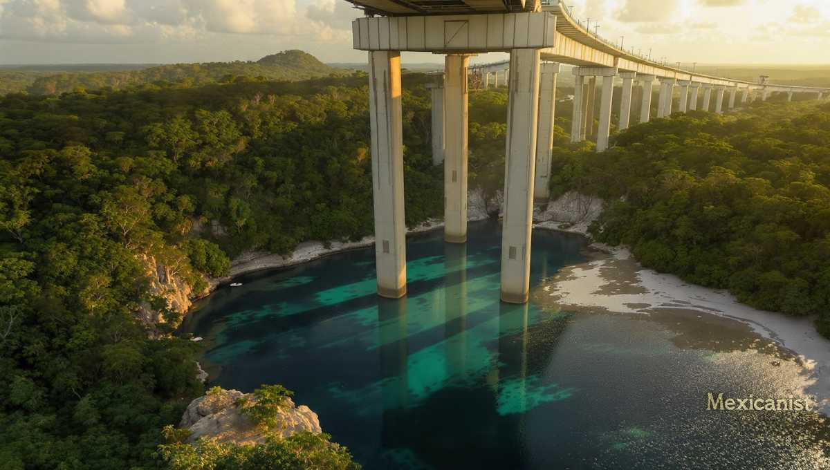 Aerial view of Mayan Train elevated railway viaduct passing over a damaged cenote in Quintana Roo jungle.