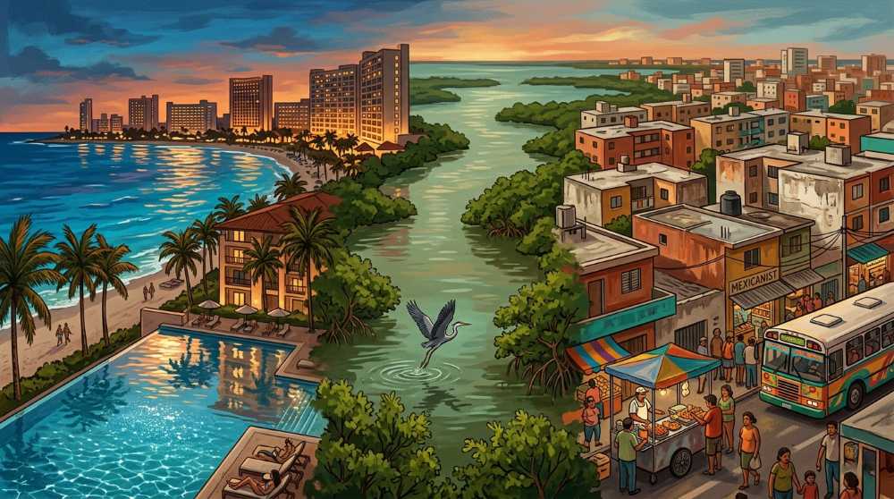 Split illustration showing Cancun’s Hotel Zone resorts on the left and the working-class mainland neighborhoods on the right.