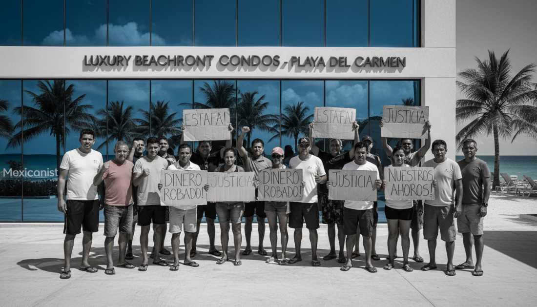 Dozens of home buyers protest outside the SUUT development in Playa del Carmen.