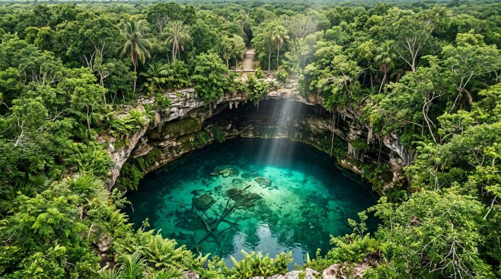 Aerial view of an undocumented cenote in the Yucatan jungle with sunlight illuminating crystal-clear water.