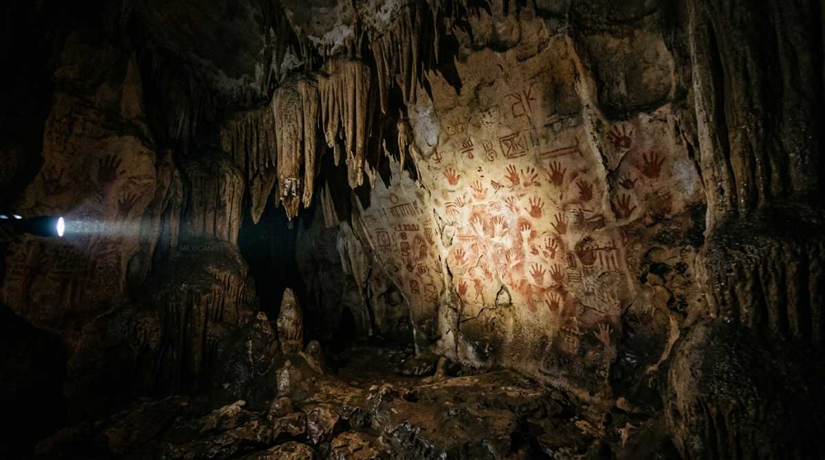 Interior of a Yucatán cave showing red ochre negative handprints and geometric Maya symbols.