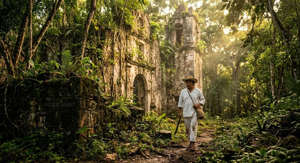 Ruins of a colonial-era church in the Quintana Roo jungle, with sunlight streaming through the canopy.