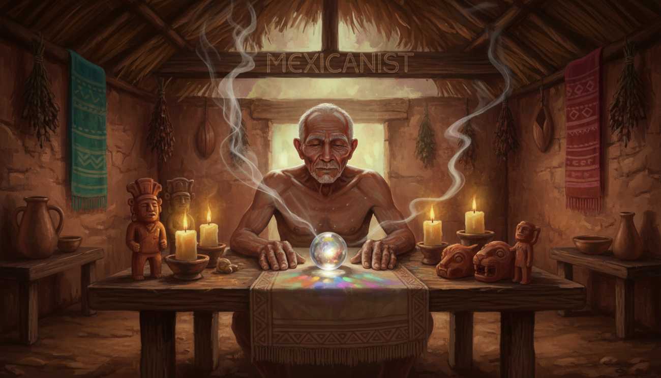 A Maya h’men spiritual guide performing zaz tun divination with a glass marble at a candlelit altar in Yucatán.