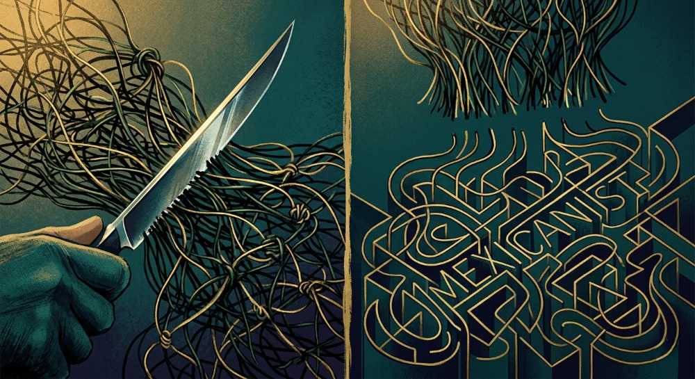 Split illustration of a razor blade cutting through tangled threads revealing a hidden labyrinth.