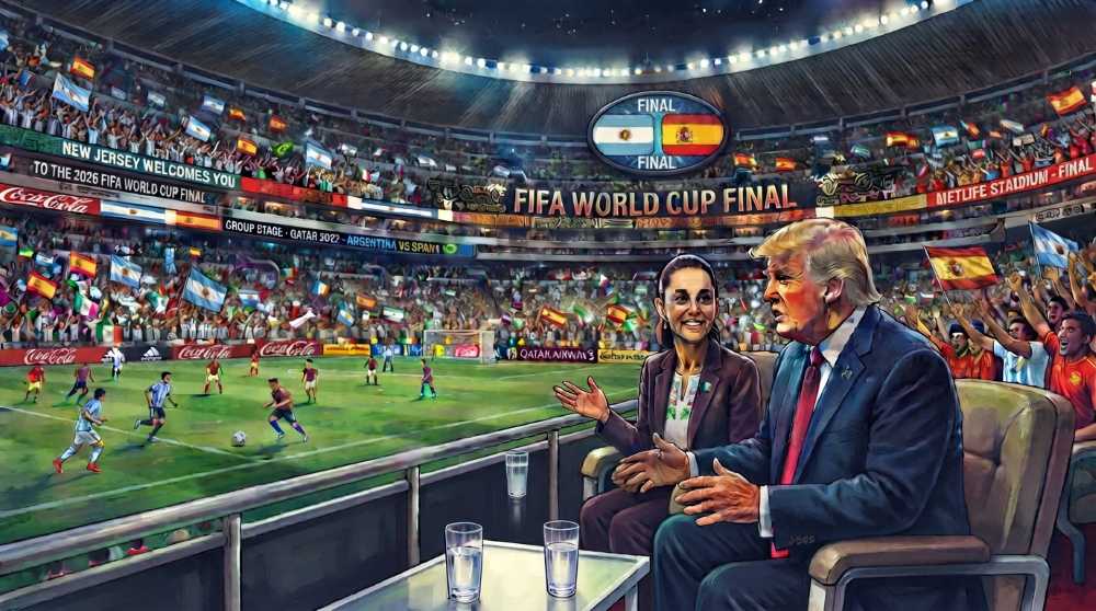 Mexican President Claudia Sheinbaum and U.S. President Donald Trump seated in a luxury stadium box.