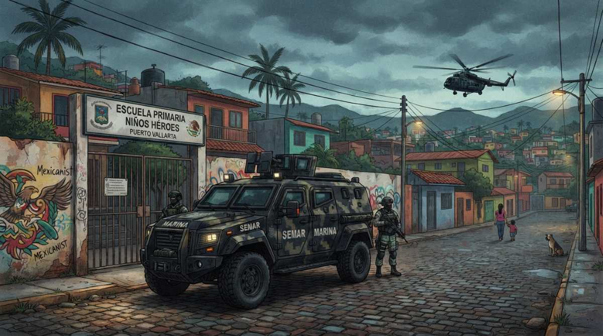 A heavy armored Rhino tactical vehicle parked directly in front of a quiet suburban elementary school.