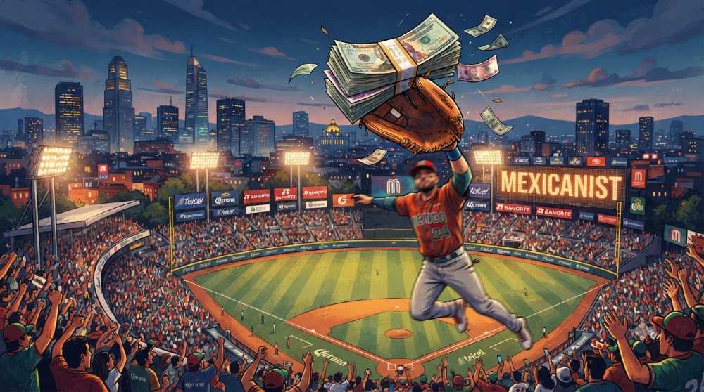 A conceptual illustration of a professional baseball glove catching a stack of banknotes inside a baseball stadium.