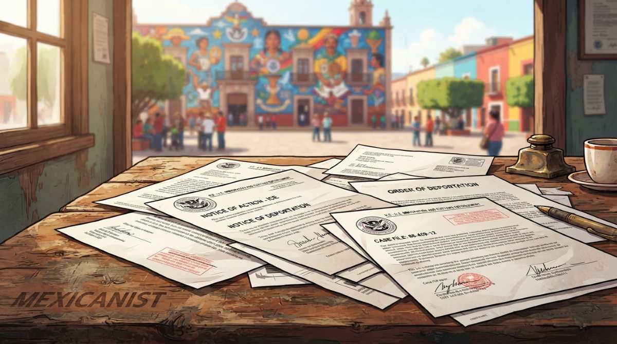 A rustic Mexican wooden desk cluttered with official government letters stamped with the ICE seal.