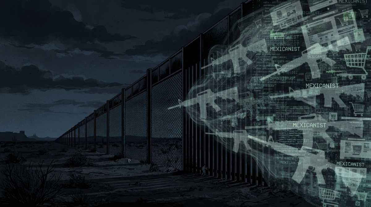 A dark, horizontal illustration showing a silhouette of the US-Mexico border fence at night.