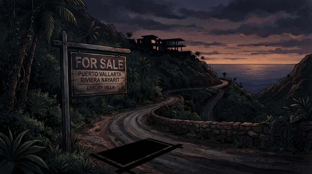 A moody, horizontal illustration of a lone, high-end real estate sign standing on a winding.