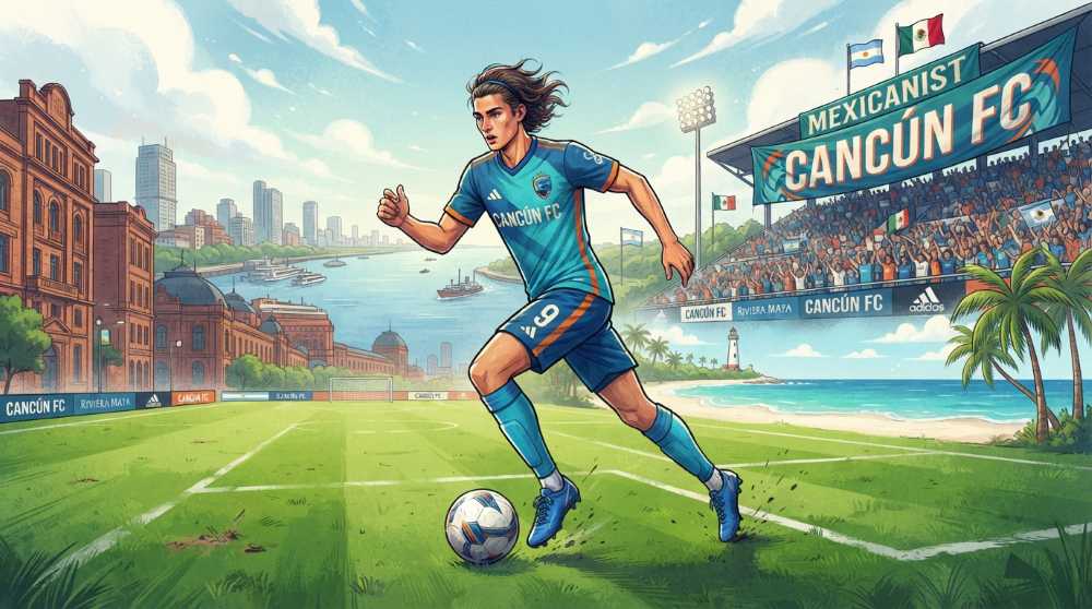 A horizontal illustration of a young, tall professional football striker wearing the Cancún FC kit.