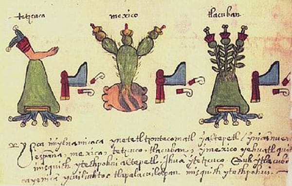 Codex Osuna,f 34r, detail. The towns of the Triple Alliance.