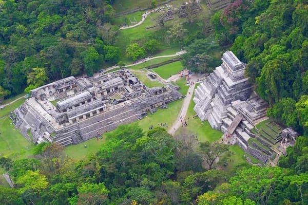 Aerial view of the archaeological zone of Palenque, Chiapas.