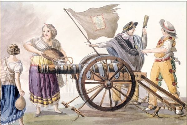 Women help to cool a cannon of the insurgents, ca. 1910-1927, watercolor by Theubet De Beauchamp.