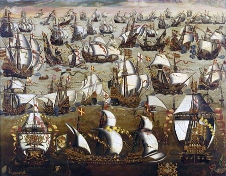 Representation of the battle between English and Spanish ships.