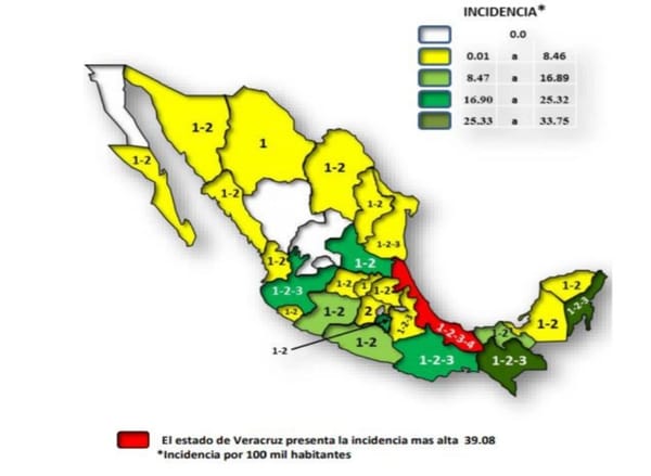 Tasa de incidencia de dengue en los estados de la República Mexicana.