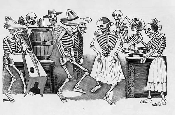 Engraving by José Guadalupe Posada entitled: Gran fandango y francachela de todas las calaveras.