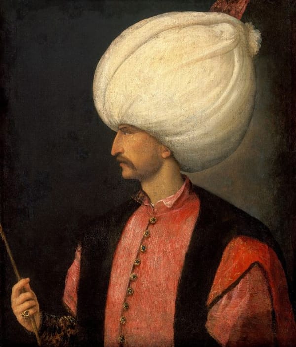 O primeiro retrato de Suleiman I, o Magnífico, ao estilo ticiano.