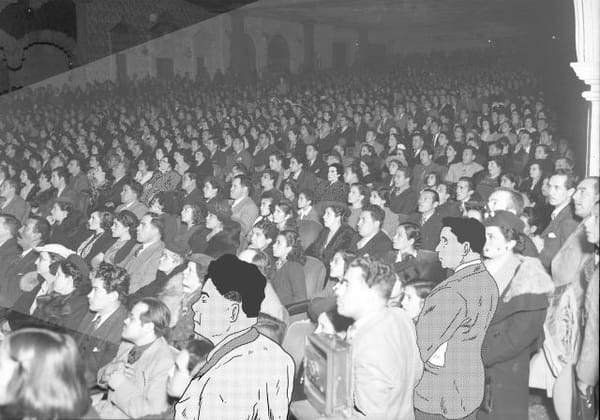 Edited photograph of the interior of an old cinema.