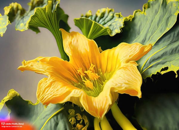 A vibrant squash blossom in full bloom, showcasing its intense yellow hue and delicate beauty.