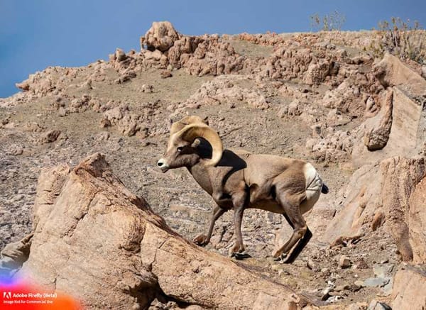 A bighorn sheep traversing rocky terrain in Mexico's arid desert region.