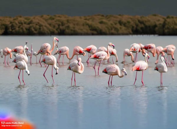 A flock of pink flamingos stands gracefully in a saline lagoon, showcasing the biodiversity of wetlands.