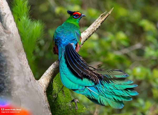 A male resplendent quetzal shows off its long, iridescent green-blue tail during its courtship display.