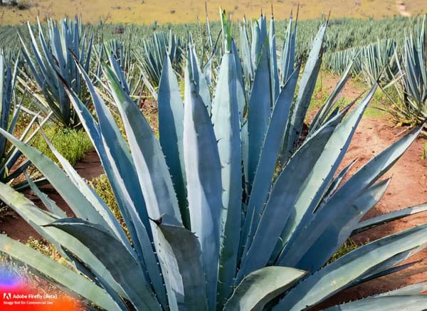 Blue agave plants, the key ingredient in tequila, growing in the fields of Jalisco, Mexico.