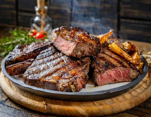 Double-thick steaks, worthy of any meat knight's table, await their rightful heroes.