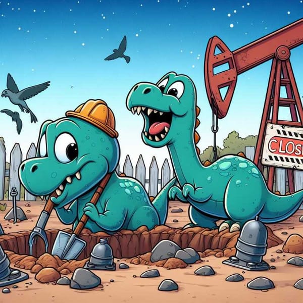 Cartoon dinosaurs digging graves, oil well closed, renewable energy question.