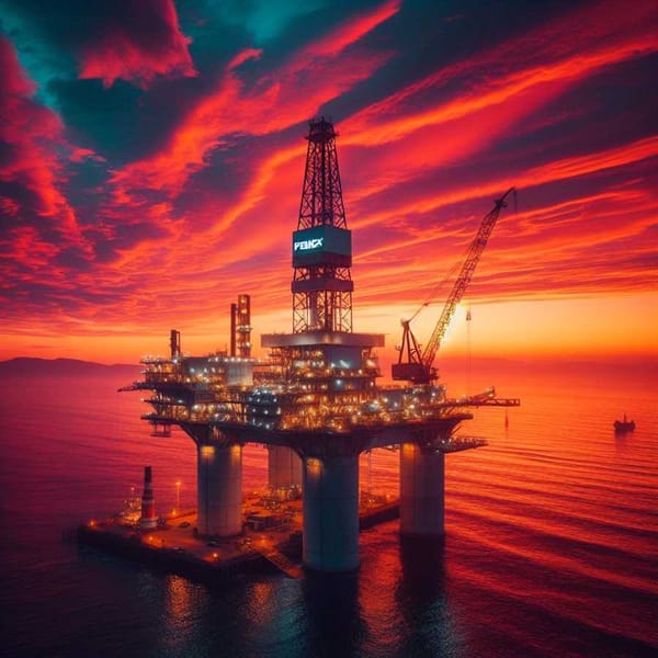 A Pemex oil rig stands tall against a vibrant sunset, symbolizing Mexico's oil industry.