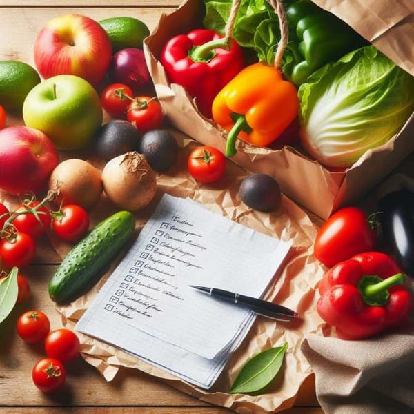  A handwritten shopping list with items checked off sits beside a colorful array of vegetables, fruits, and herbs.
