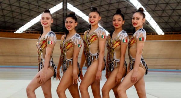 Mexico's rhythmic gymnastics team celebrates their All-Around gold medal victory at the Aphrodite Cup 2024.