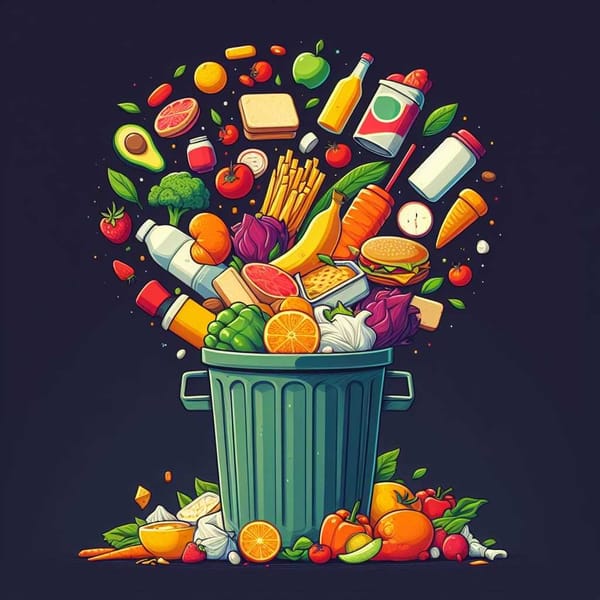 A overflowing trash can containing food scraps like vegetables, bread, and takeout containers.