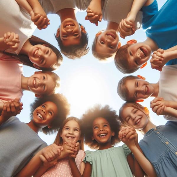 A diverse group of children holding hands in a circle, smiling.