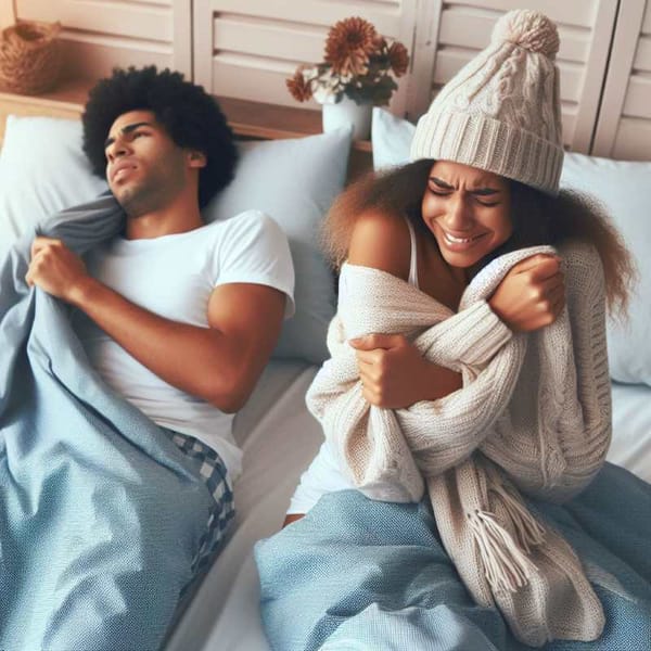 Two people in bed, one pulling the covers off while sweating, the other bundled up with a scarf and hat.