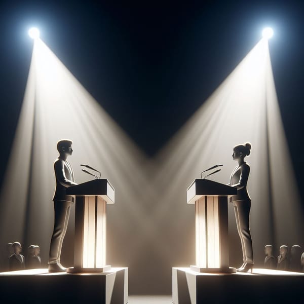 Image of two politicians standing at podiums during a political debate.