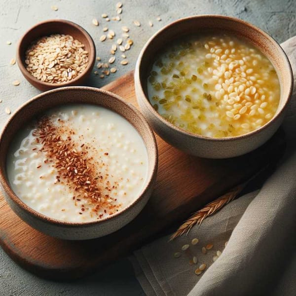 Two bowls of barley soup side-by-side. One bowl is creamy white with brown crumbs, the other is light gold with green flecks.