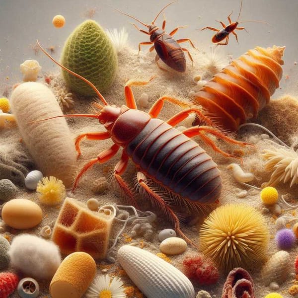 Microscopic image showing dust mites, pollen grains, and small insect droppings.