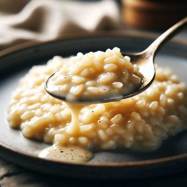 A close-up photo of a spoonful of risotto on a plate, with a slightly loose consistency that slowly spreads.