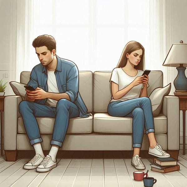 A couple sits on a couch, distanced and preoccupied with their phones.