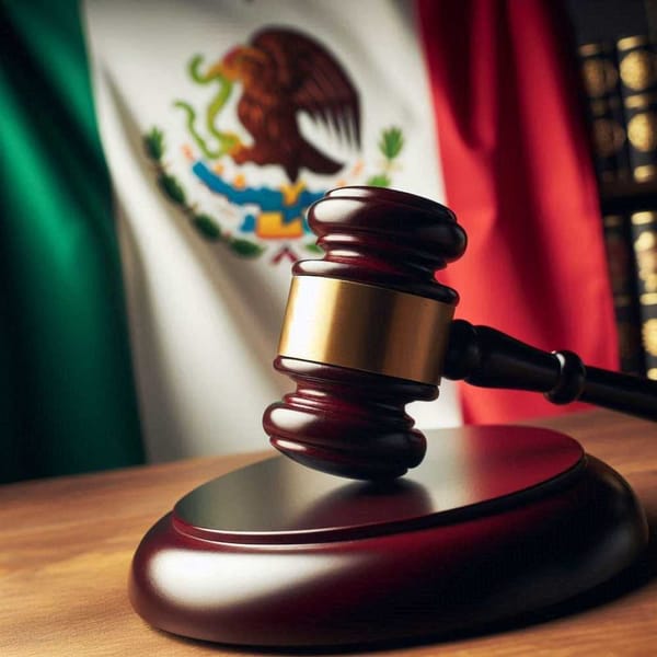 A gavel resting on a desk with a Mexican flag in the background.