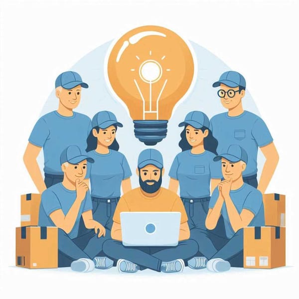 Diverse delivery people huddle around a laptop, a light bulb above them, signifying collaboration.