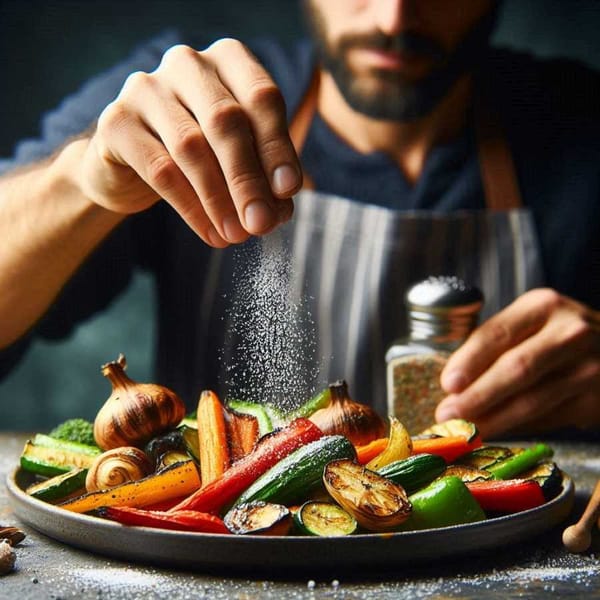 A hand sprinkling flaky sea salt on a colorful plate of roasted vegetables.