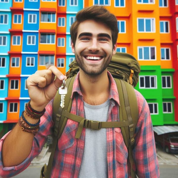 A happy backpacker holding a key in front of a colorful apartment building.