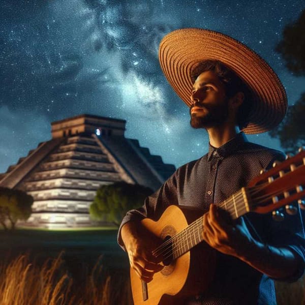 A photo of a musician playing a traditional Mexican instrument under a starry night sky.
