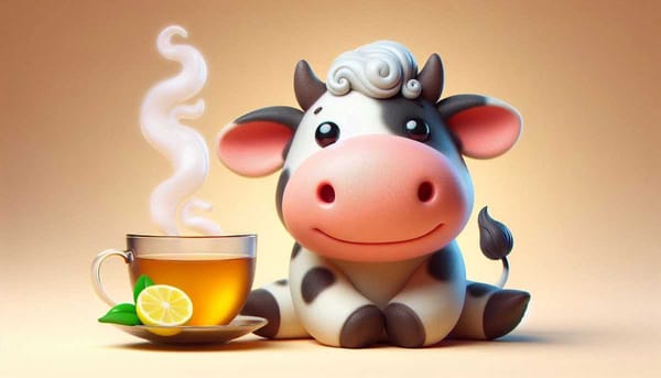 Illustration of a cow with a steaming cup beside it.