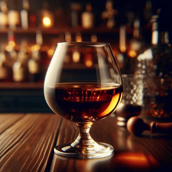 A snifter of brandy filled with a rich amber colored liquid sits on a polished mahogany bar top.
